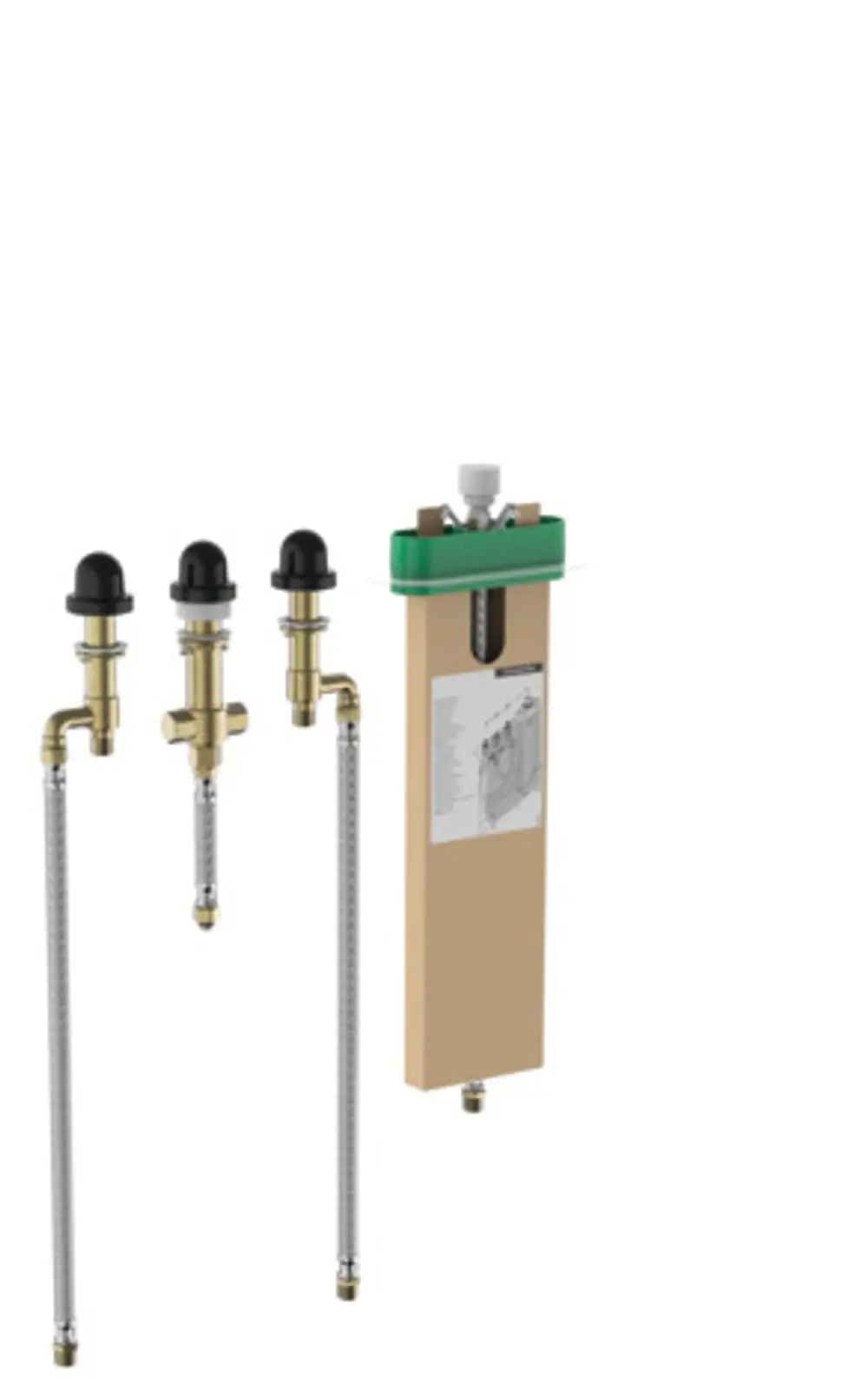 Grundkörper von Hansgrohe für eine 4-Loch-Wannenrandarmatur mit anschlussfertigen Elementen, einschließlich flexibler Anschlussschläuche und Montageanleitungen.